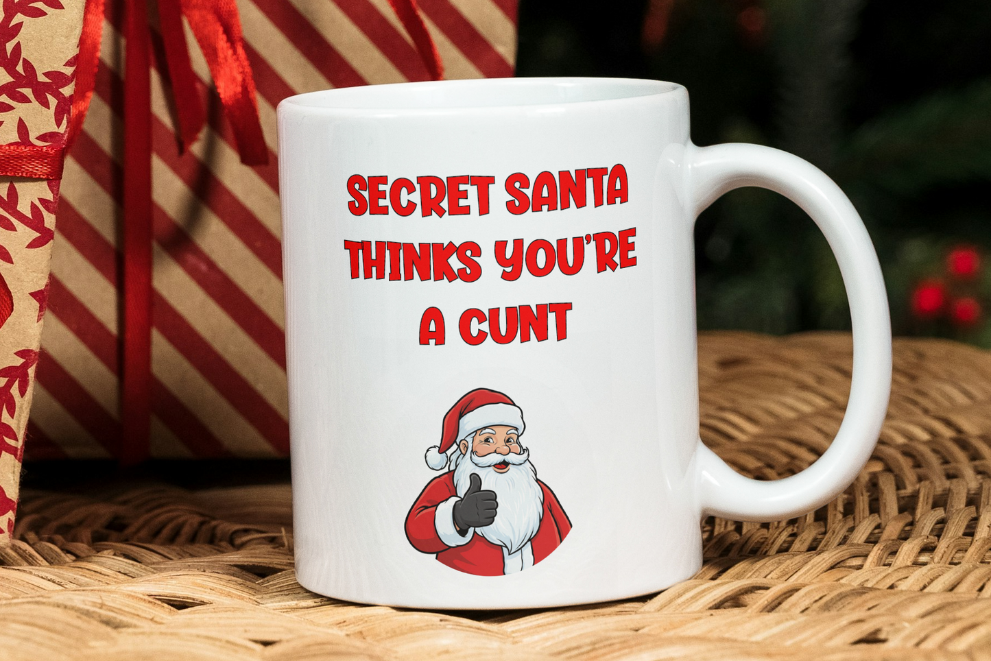 Secret Santa Thinks You’re a C* Mug – Funny Rude Christmas Gift for Office or Friends
