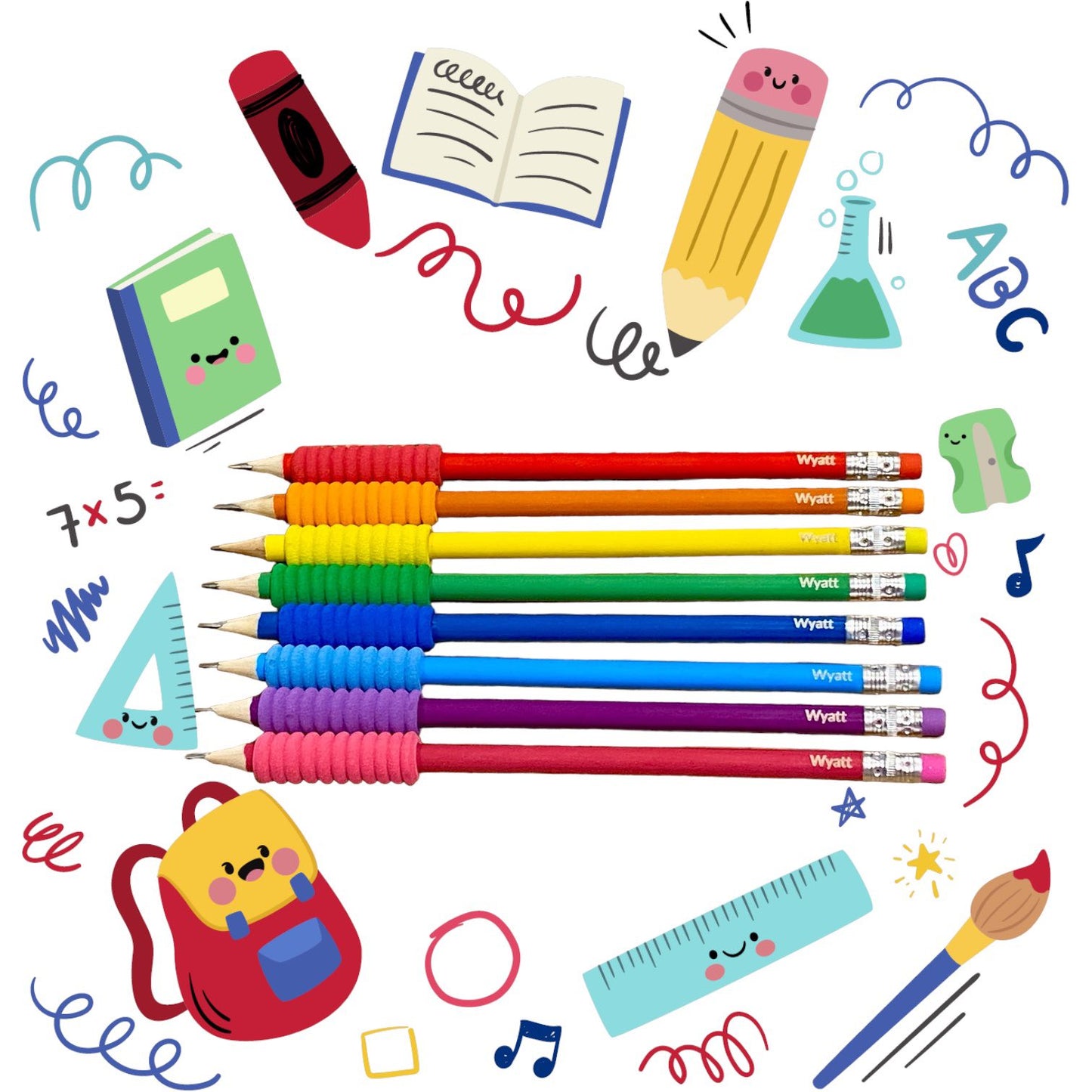 Personalised Set of 8 HB Pencils with Foam Grips & Eraser Tips