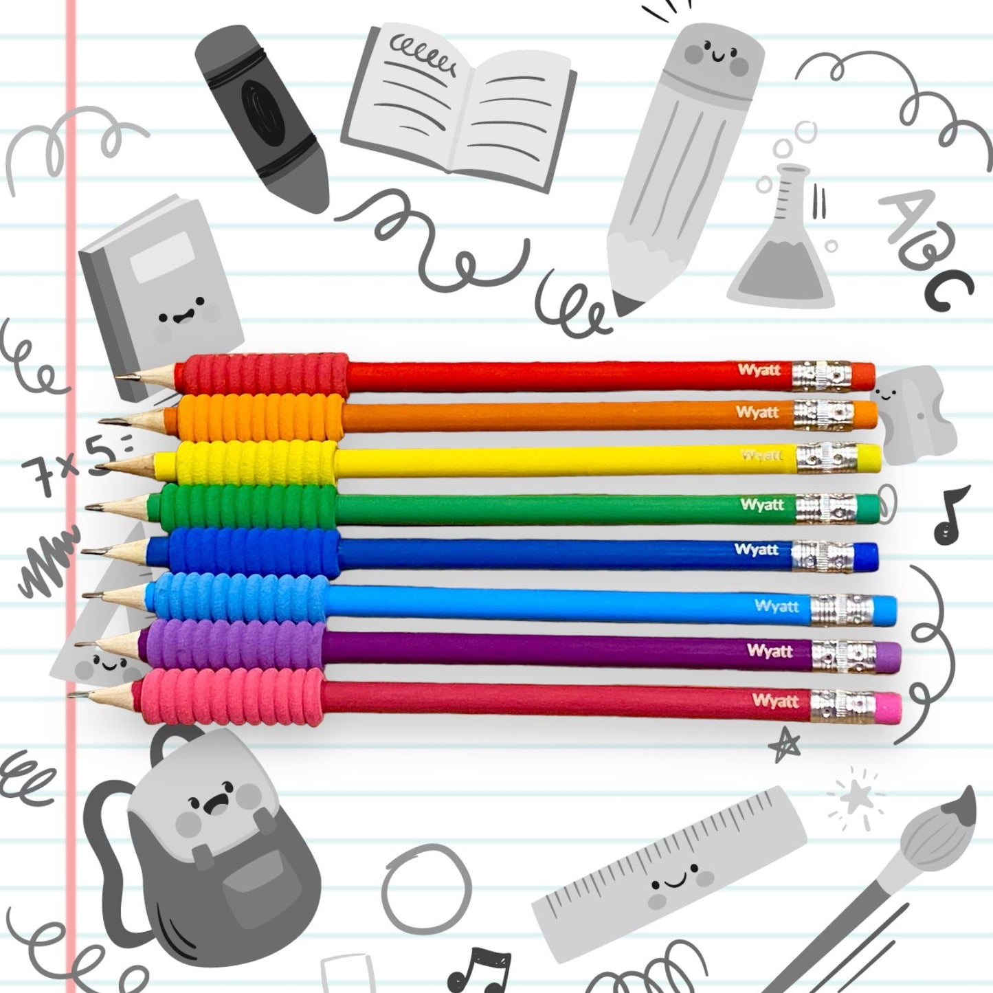 Personalised Set of 8 HB Pencils with Foam Grips & Eraser Tips