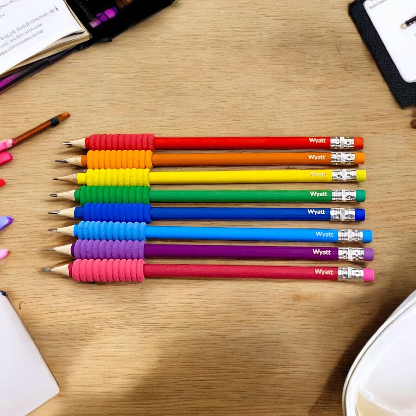 Personalised Set of 8 HB Pencils with Foam Grips & Eraser Tips