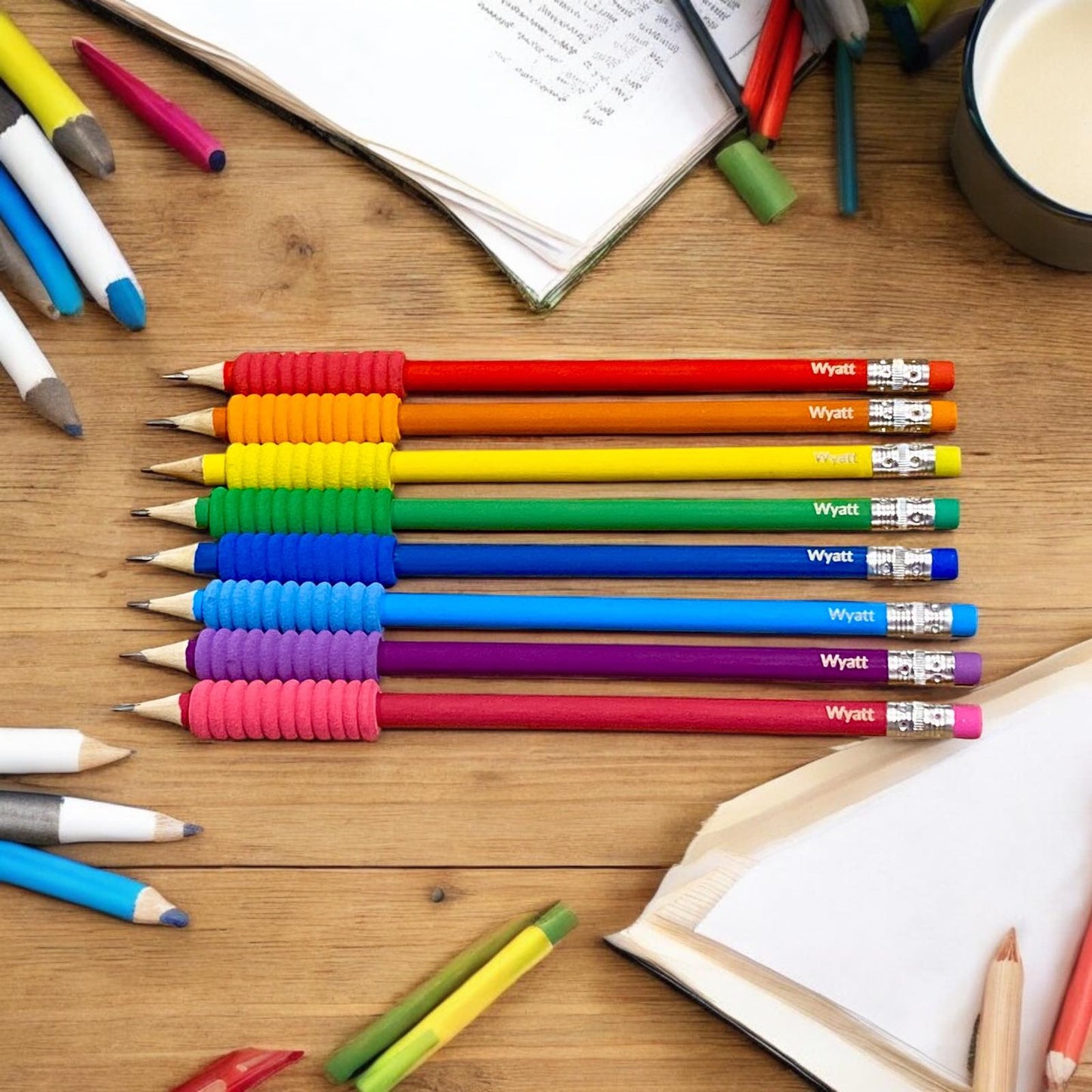 Personalised Set of 8 HB Pencils with Foam Grips & Eraser Tips