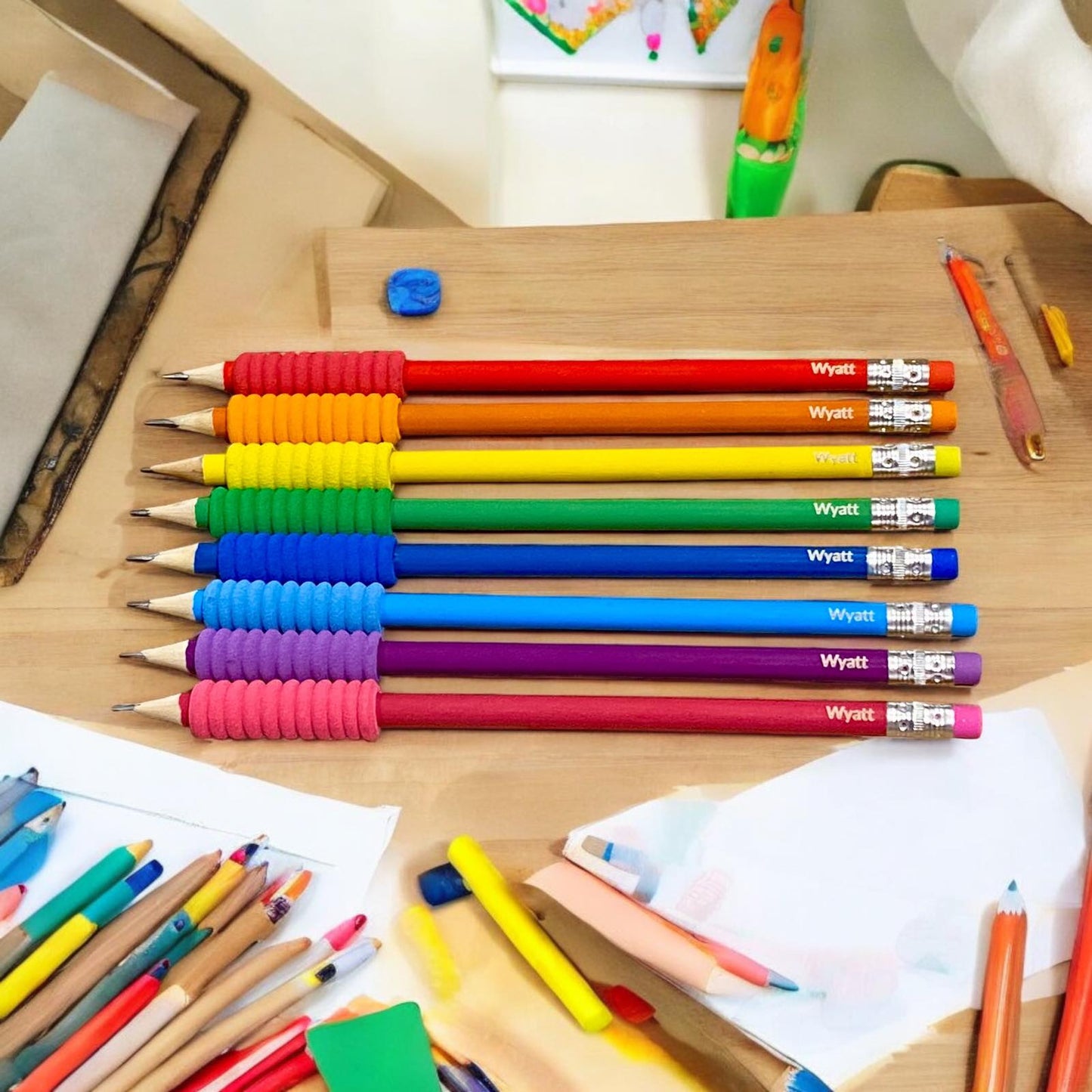 Personalised Set of 8 HB Pencils with Foam Grips & Eraser Tips